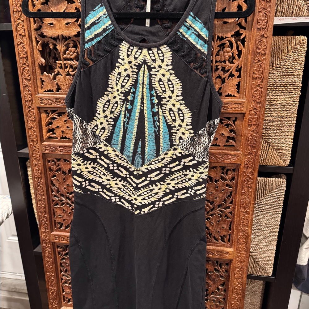 Free People Black Dress with Blue and Cream Accents